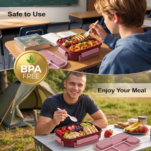 Bento Box Adult Lunch Box, Lunch Containers for Adults 44.5 Oz/5 Cup, Pink | BPA-Free, Lid-Top Sauce Tray, Leak-Proof, 1300mL, Removable Silicone Sealing Ring, Lid-Top Utensil Slot with Included Cutlery - color: Pink