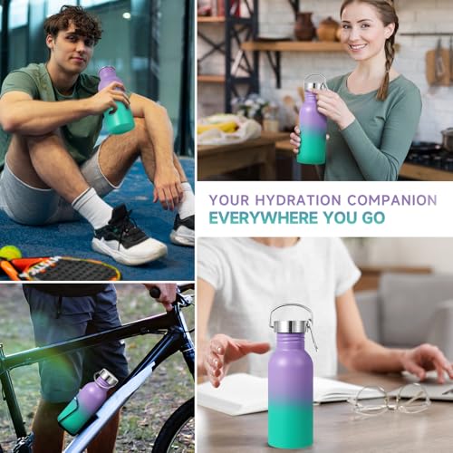 Volhoply 20oz Uninsulated Single Walled Water Bottle, Stainless Steel Reusable Water Bottles with Handle & Carabiner, BPA Free 18/8 304 Sports Water Bottles for Camping Hiking(Purple Green,1) - color: Purple Green