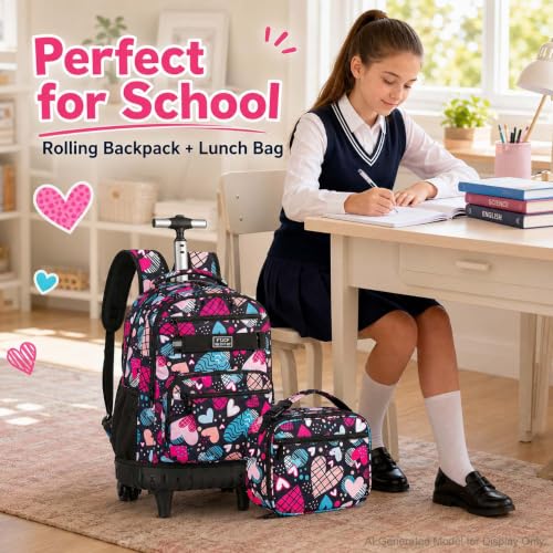 gxtvo Rolling Backpack for Girls, Adults Wheeled Bookbag with Lunch Box for Women, Kids Water Resistant Roller School Bag for College Teens Travel - Love Heart - color: Love Heart