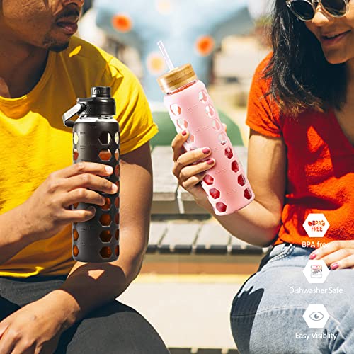 MUKOKO 24oz Glass Water Bottle, Pink | Glass Tumbler with Straw, Drinking Bottles with 2 Lids-Handle Spout Lid & Bamboo Straw Lid, Silicone Sleeve, 1 Pack - color: Pink, size: 24 Ounces