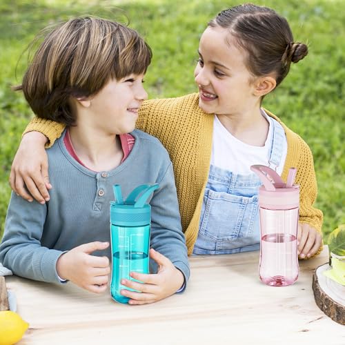 14oz Clear Kids Water Bottle with Straw Lid, BPA-Free Tritan, Measurement Scale, Sturdy Handle Wide Mouth Leak-proof Reusable Plastic Bottle for Boy& Girls, Back to School(Pink) - color: Pink