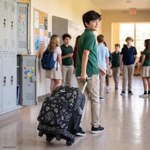 Kids Rolling Backpack for Boys 16.5" School Roller Backpack with Lunch Box, Toddler Backpacks with Wheels Rollig Wheeled Backpacks for Elementary School - color: Black Space
