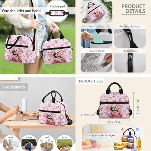 Back to School Bookbag Set for Kids, Pink 3-in-1 Insulated Lunch Bag Pencil Case Combo for Girls Elementary Students, Panda Lightweight Backpack with Matching Lunchbox Pouch - color: Pink Bows-panda