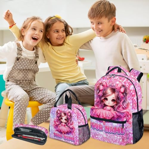 COZYAURA Girl Backpack for Girls Personalized with Name - 3-Piece School Bag Set with Insulated Lunch Box & Pencil Case for Kindergarten & Elementary Students - color: Red