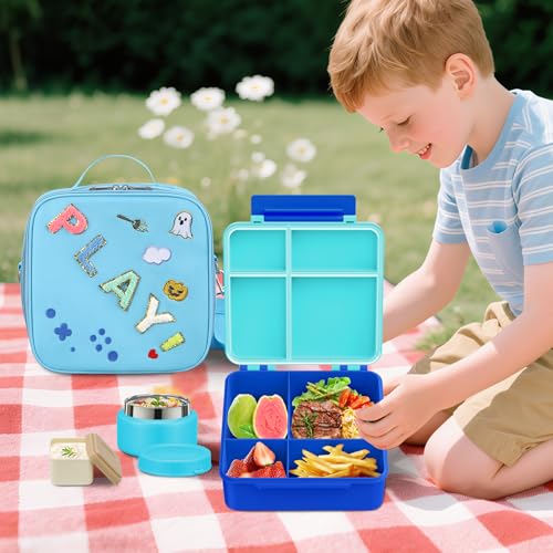 Kids Bento Box - 4 Compartment, Leak-Proof, with Soup Thermo | 9oz Soup Thermo Included, Insulated Lunch Bag, For Boys & Girls, School & Travel - color: Play-Blue