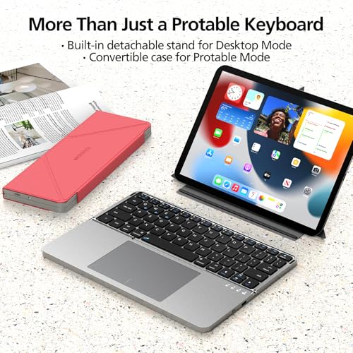 Mircopack Foldable Bluetooth Keyboard with Touchpad and Stand for iPad/iPhone/MacBook,3-Device Ultra Slim PU Leather Magnetic Cover Portable Rechargeable Keyboard for macOS and iOS-Red - color: Red