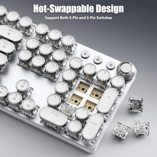 Typewriter Keyboard, Wired Mechanical, 104-Key, Silver White | Hot Swappable, Volume Knob, White Backlight, Linear Switches, Aluminum Panel, Full Size Layout, 26-Key Rollover