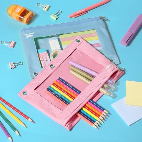 Mr. Pen- Pencil Pouch for 3 Ring Binder, 2 Pack, 10"x6.75", Smooth Zipper | Clear Window, Large Capacity Pencil Case with 3 Reinforced Grommets for School, Office, Supplies Storage | Clear Window, Large Capacity Pencil Case with 3 Reinforced Grommets for