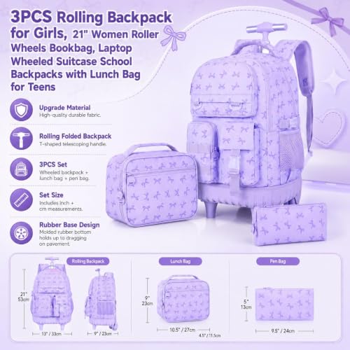 CCJPX Rolling Backpack for Girls, 3Pcs Roller Wheeled School Bookbag, Bow Wheels Backpacks with Lunch Box for Kids (Purple) - color: Bow Purple