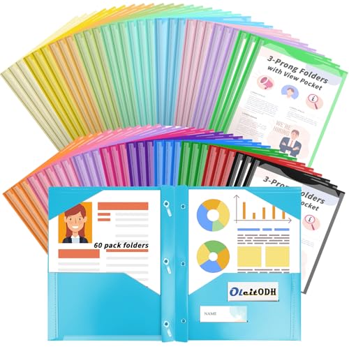 Oleitodh Plastic Folders with Pockets - 60 Pack 20 Colors & 2 Pocket Folder Bulk with 2 Business Card Slots, Heavy Duty File Folders for School Home Office and Business