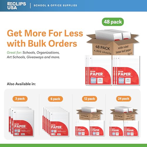 Wide Ruled Loose Leaf Paper Wide Ruled Notebook Paper Lined Writing Filler Paper 10.5” x 8” 56 gsm 4800 Sheets 100 Sheet Per Pack (48 Pack) - size: 48 Pack