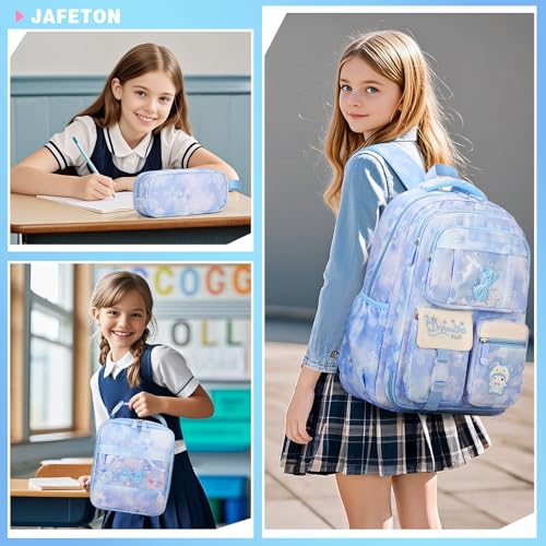 Jafeton Backpacks for Girls, Girls Backpack with Insulated Lunch Bag and Pencil Case for Kids Teens Elementary Middle High School Student, Cute Bow School Bag Travel Daypacks Book Bag Set - color: Blue