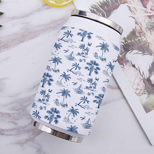 T&H XHome Ocean 14oz Stainless Steel Tumbler with Lid & Straw-Double Wall Vacuum Insulated Travel Mug Summer Coconut Trees Shells Sailing Vessel Water Bottle Coffee Beverage Drinks Cup - size: 14 Ounces