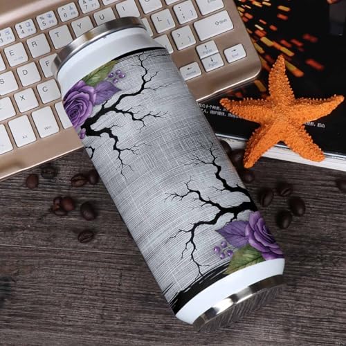 T&H XHome Halloween 14oz Stainless Steel Tumbler with Lid & Straw-Double Wall Vacuum Insulated Travel Mug Evil Flower Bat Linen Texture Gray Water Bottle Coffee Beverage Drinks Cup - size: 14 Ounces