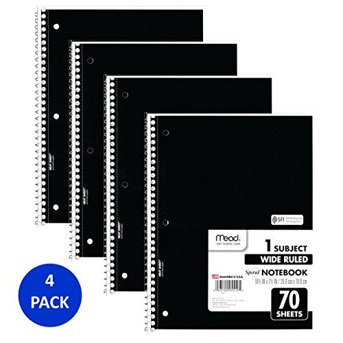 Mead Spiral Notebooks, 1 Subject, Wide Ruled Paper, 70 Sheets, 10-1/2" x 7-1/2 inches, Black, 4 Pack (38401) - color: Black, size: Pack of 4