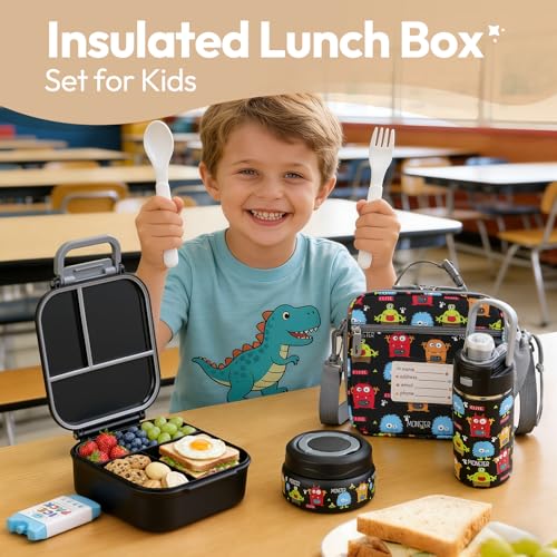 Itslife Bento Box for Kids Set, Insulated Food Container,Kids Lunch Box, 7 oz Thermos for Hot Food, 12 oz Thermos Water Bottle, Reusable Insulated Ice Bag & Fork Spoon Utensils Camping Travel Black - color: Black-MN