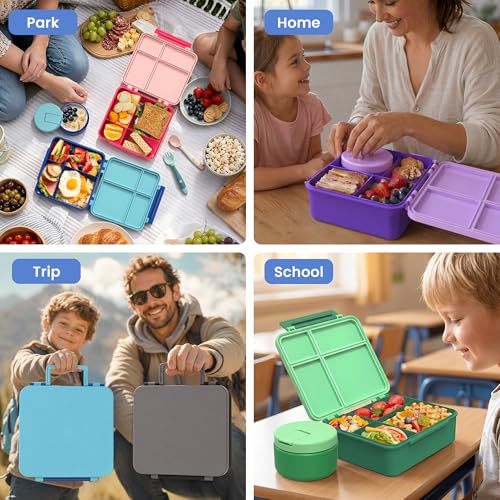 LOHASOK Bento Lunch Box Kids with 8oz Soup Thermo, Leak-Proof Lunch Containers with 4 Compartment, Thermo Hot Food Jar and Insulated Lunch Box for School Black - color: Black