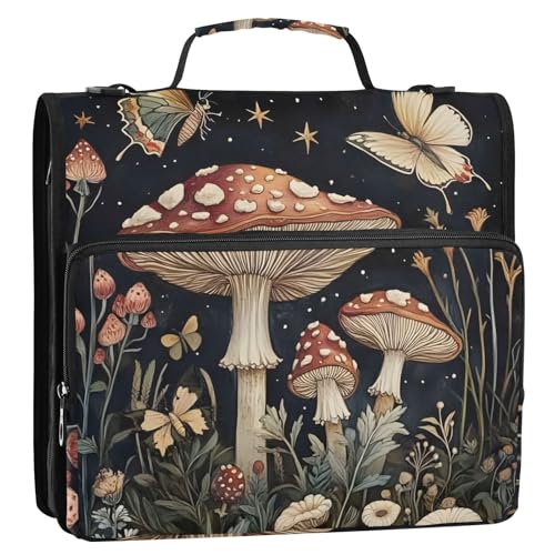3 Ring Zipper Binder with Shoulder Strap Mushrooms Flowers Butterflies (2) 1.5 inch Binders Keeper Large Capacity Multi Pockets for School Office Supplies - color: Multi2464, size: Fit 500 Sheets