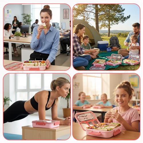 Bento Box for Adults,4 Compartments Lunch Box, Snack Containers Reusable Lunch Containers Drop-Proof, Dishwasher Safe & Made with BPA-Free Materials, Pink - color: Pink
