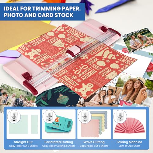 Paper Cutter Pink Rotary Paper Trimmer, 12 Inch Paper Cutter for Cardstock, Scrapbooking, Crafts, 4 Functions with 5 Blades, Safety Guard, Side Ruler for Coupons, Photos, Labels