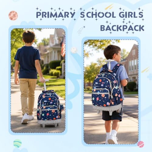 Rolling Backpack for Boys, 3PCS Roller School Backpacks for Boys with Lunch Bag and Pencil Pouch, Kids Bookbag School Bag with Wheels for Kindergarten Elementary Middle School Travel - color: Grey Space