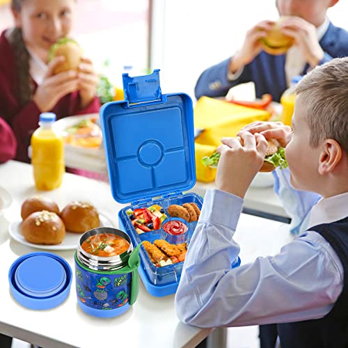 Pawtong Bento Lunch Box Set With 10oz Soup Thermo, Leak-proof Lunch Containers with 4 Compartment, Kids Hot Thermo Food Jar/Insulation Lunch Bag, Food Containers for School(Dinosaur) - color: Blue-Tyrannosaurus Rex