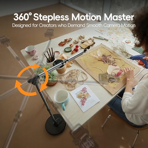 Floor Phone Stand for Recording, Overhead Phone Mount with Wheels and Weight Base, Free Rotation Aluminum Digital Heavy Duty Stand with Adjustable Angles & Height for Content Creation