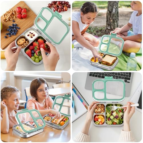 LOHASOK Kids Stainless Steel Lunch Bento Box BPA-Free Leak-Proof Tritan Lid 304 Metal Food Container with 3 Compartments for Girls Boys School Green - color: Green, size: 27oz/800ml