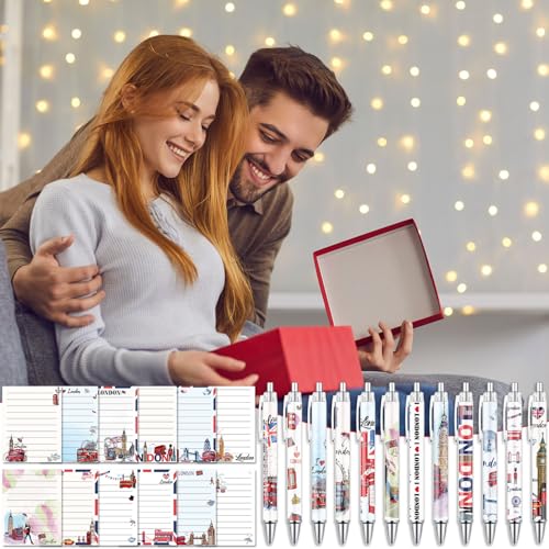Wxiben London Sticky Notes with Pens - 24 Pcs London Travel Notepads England Ballpoint Pens Bulk British Flag Notes Black Ink Pen Souvenir Gifts for Home Traveler Study Office Party Favor - color: London