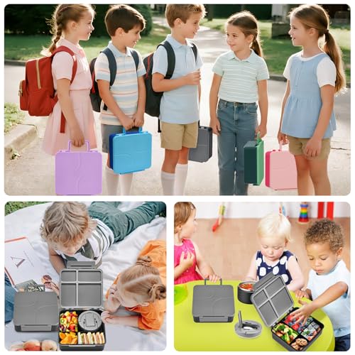 MAXSO Bento Lunch Box Set for Kids with 8 oz Soup Thermo, Leakproof Hot Food Container with 4 Compartments, Insulated Food Jar for Toddler Daycare Boys Girls School - Black - color: Black
