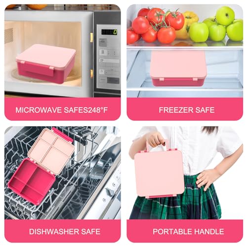 Kids Bento Lunch Box with 8oz Soup Thermo, Water Bottle, Leakproof Lunch Food Containers with 4 Compartment, Kids Insulated Hot Food Jar with Lunch Bag for School(Pink) - color: Pink