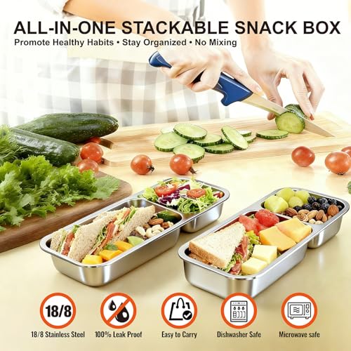 Stylish Blue Stainless Steel Lunch Box for Women - 3-Compartment Leak-Proof Snackle Box, Reusable Snack Containers with Lids for Kids & Adults, Stainless Steel Snack Containers & Storage Containers - color: 3 Compartments Blue