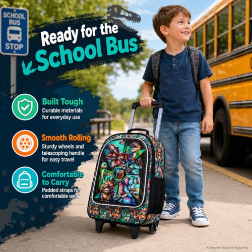 AGSDON 3PCS Rolling Backpack for Girls and Boys, Kids Roller Wheels Bookbag, Wheeled Elementary School Bag with Lunch Bag - color: Dinosaur Roller