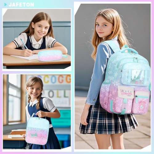 Jafeton Backpacks for Girls, Girls Backpack with Insulated Lunch Bag and Pencil Case for Kids Teens Elementary Middle High School Student, Cute Bow School Bag Travel Daypacks Book Bag Set - color: Pink Green