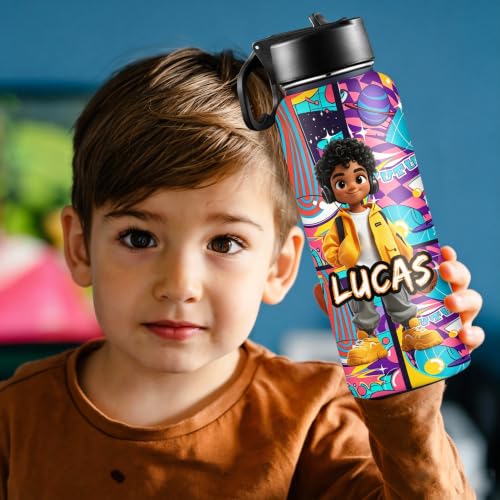 D-Story Personalized Kids Water Bottle with Straw Lid - 18 oz Leak-Proof Stainless Steel Insulated Flask, Back to School Birthday Gifts for Boys - color: Boy's Style