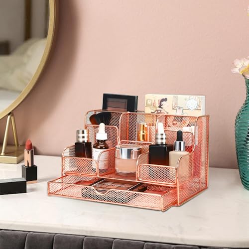 Barelove Rose Gold Desk Organizer with Sliding Drawer, Large Office Desktop Mesh Pen Pencil Holder Caddy Organization with 7 Compartments for Home School Supplies Stationery Book IPAD, Christmas Gifts