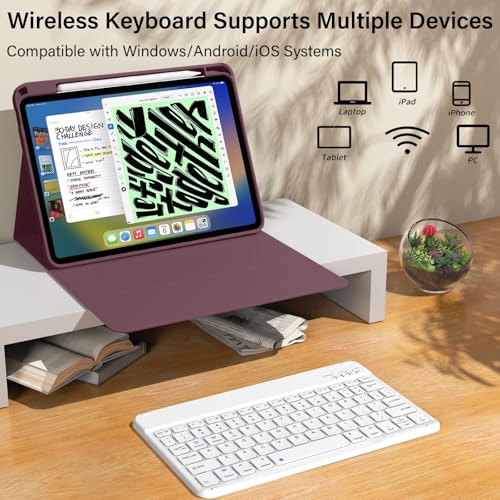 kenke for iPad 11/10th Gen Case with Keyboard 11/10.9 inch 2025 A16/2022, Detachable Wireless Bluetooth Keyboard Case with Built-in Bulit-in Pencil Holder, White Square Keycaps (Dark Cherry) - color: Cherry