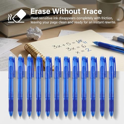 Volcanics Blue Erasable Gel Pens, 0.7mm Fine Point Gel Erasable Pens - Compatible with Rocketbook, 12 Pack, Smooth Writing Pens Pencil-Like Precision for School & Office - color: Blue, size: 1 Count (Pack of 12)