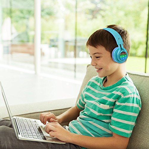 Riwbox WT-7S Kids Bluetooth Headphones, LED Light Up Wireless Foldable Stereo Headset with Microphone and Volume Control for PC/Tablet/TV/Travel (Blue) - color: Blue&Green