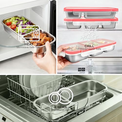 3-Pack Stainless Steel Bento Box - 2+3+3 Compartment Leak-Proof Snack Containers for Kids & Adults, Reusable Lunch Box for Lunchables, Snack Packs (2/3/3 Red) - color: 2+3+3 Compartments Red