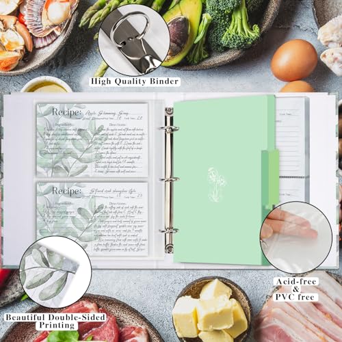 3 Ring Binder, 8.5x9.5, Full Page Binder Set with 25 Pages, 50 Recipe Cards & 6 Dividers - color: Leaves, size: Medium