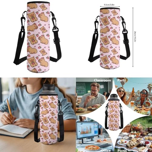 Strawberry Capybara 17 Inch School Bag Set for Boys 4 Pieces Soft Daily Kids Backpack with Lunch Box, Pencil Pouch & Water Bottle Holder for Elementary Ages 6-12 - color: Strawberry Capybara Print