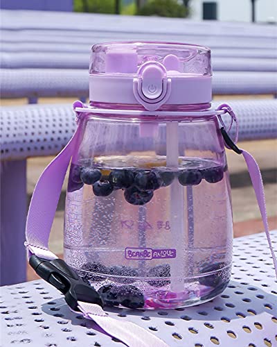 Kawaii Water Bottle with Straw 45oz with Two Ways to Dinking Modern Cute Water Jug With Strap for Women/Teen Girl/School, Purple - color: Purple