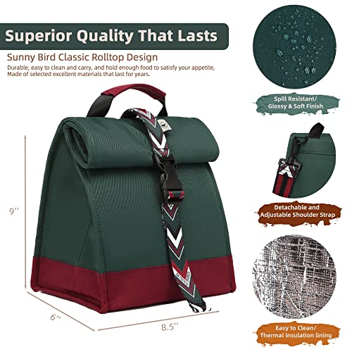 SUNNY BIRD Insulated Lunch Bag Rolltop Lunch Box (Green with Boho strap) - color: Green with Boho strap