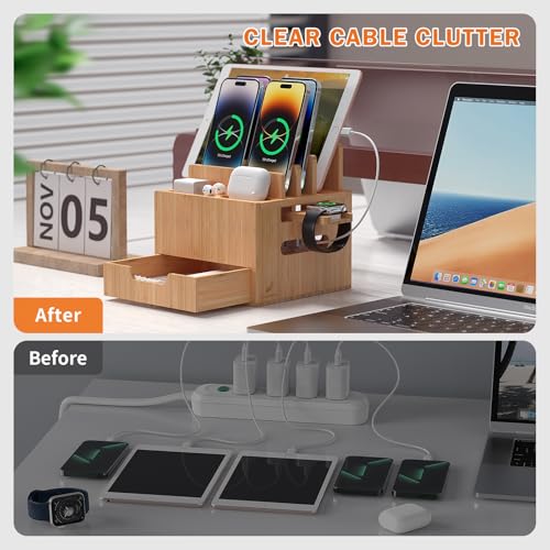 Pezin & Hulin Multi Device Charging Station, with Charger HUB Adapter, All in One Large Dock Organizer with Drawer Storage, Compatible with Phones, Tablets, Earbuds (5 Mixed Cables Included) - color: #2 (With Charger)
