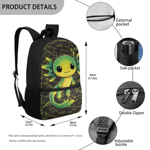 Green Axolotl School Backpack Set 5 Pieces with Lunch Bag Pencil Case and Water Bottle Holder for Kids Girls Boys Elementary and Middle School - color: Green Axolotl