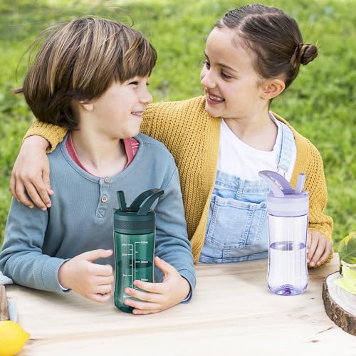 14oz Clear Kids Water Bottle with Straw Lid, BPA-Free Tritan, Measurement Scale, Sturdy Handle Wide Mouth Leak-proof Reusable Plastic Bottle for Boy& Girls, Back to School(Dark Green) - color: Dark Green