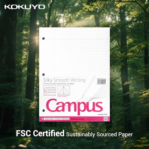 Kokuyo 3 Hole Loose Leaf Paper, 8-1/4"x11” Wide Ruled, 100 Sheets, 1 Pack | 3 Hole Punched Filler Papers, Bleed Resistance Notebook Paper, Japanese 70 GSM Smooth Paper for 3 Ring Binder 100 Sheets/Pack