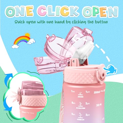 OLDLEY Kids Water Bottle for School, 12 oz (2 lids) BPA-Free Reusable Leak-proof Durable Tritan Plastic Bottles with Straw & Chug Lids, Anti-dust Spout Cover (Pink Blue) - color: A-Pink Blue, size: 12 Ounces