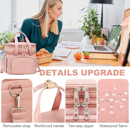AIJIEKE Lunch Bag for Women, Insulated Double Deck Work Lunch Box, Pink | Durable, leakproof thermal cooler tote. Double compartment, expandable pockets, strap. For travel meal prep, beach, picnic - color: Pink